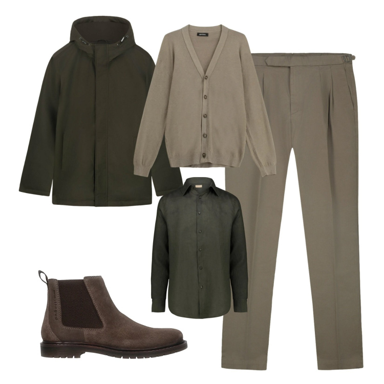 Outfit uomo - Comfort e eleganza. Stile Casual per Serata speciale. Abbinamento con cardigans, stivali e stivaletti, camicie, eskimo, pantaloni.