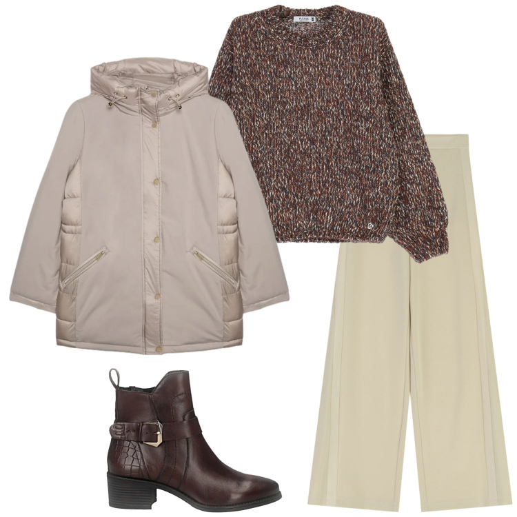 Outfit donna - Urban style. Stile Urban per Tutti i giorni. Abbinamento con maglieria, pantaloni a palazzo, piumini, stivaletti.