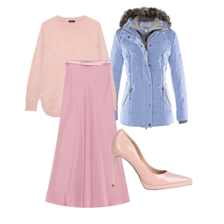 Outfit donna - Gonna satinata. Stile Glamour per Ufficio. Abbinamento con piumini, décolleté, gonne lunghe, maglieria.