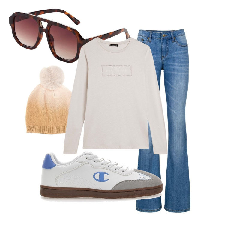 Outfit donna - T shirt basic. Stile Basic per Tutti i giorni. Abbinamento con jeans bootcut, occhiali da sole, t-shirt, sneakers, berretti.