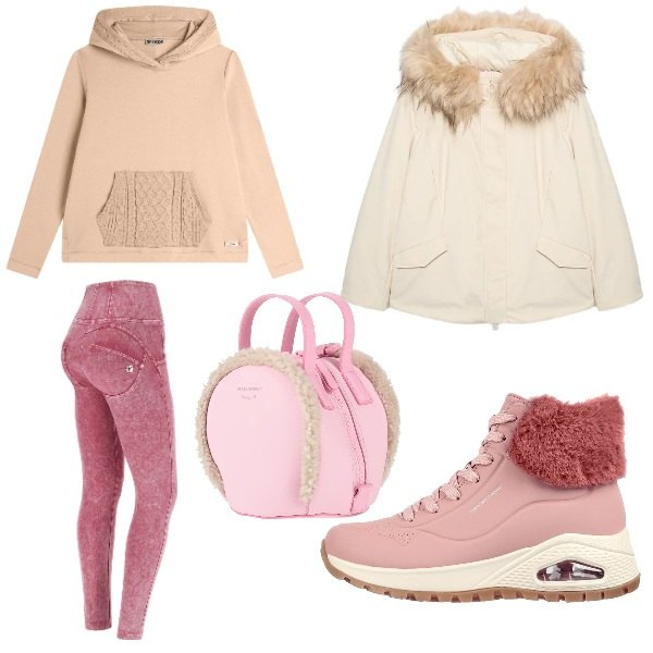 Outfit donna - Rosa. Stile Casual per Scuola/Università. Abbinamento con zaini, jeans skinny, felpe con cappuccio, piumini, stivaletti.