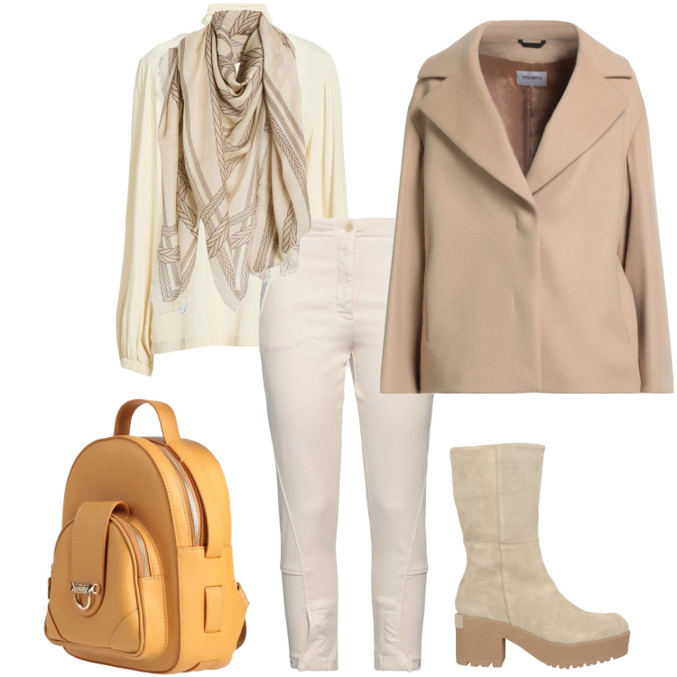 Outfit donna - Toni chiari. Stile Casual per Ufficio. Abbinamento con cappotti, stivaletti, zaini, jeans slim fit, sciarpe, top.