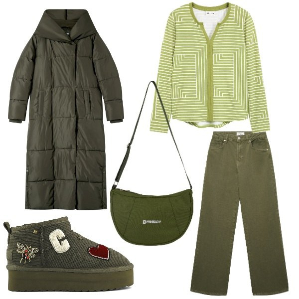 Outfit donna - Verde. Stile Casual per Ufficio. Abbinamento con maglieria, cappotti, jeans, borse a spalla, stivali.
