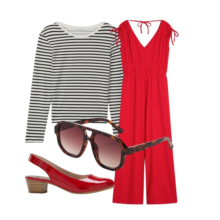 Outfit donna - Tuta per tutti i giorni. Stile Trendy per Tutti i giorni. Abbinamento con décolleté, tute, occhiali da sole, maglieria.