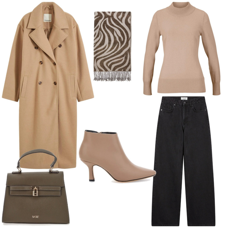 Outfit donna - Coat mania. Stile Casual chic per Tutti i giorni. Abbinamento con maglieria, cappotti, jeans, stivaletti, foulard, borse a mano.