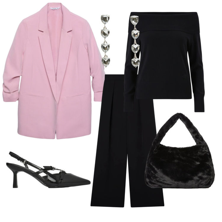 Outfit donna - Un tocco di rosa invernale. Stile Chic per Serata fuori. Abbinamento con pantaloni, blazer, orecchini, décolleté, pullovers, borse a spalla.