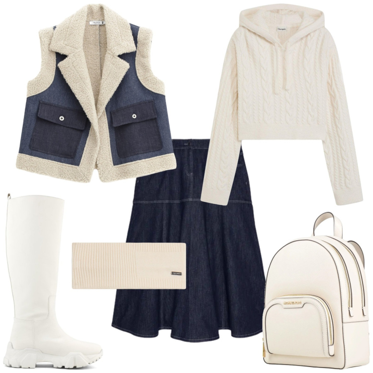 Outfit donna - Total look. Stile Casual per Tutti i giorni. Abbinamento con maglieria, zaini, gilet, accessori per capelli, gonne lunghe, stivali.