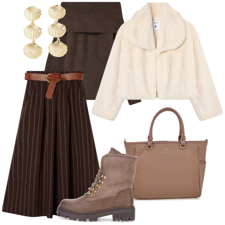 Outfit donna - Terranova saldi. Stile Casual per Tutti i giorni. Abbinamento con maglieria, orecchini, ecopellicce, gonne longuette, borse a tracolla, stivaletti.