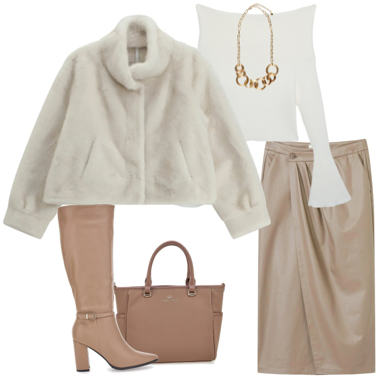 Outfit donna - Caffè con le amiche. Stile Casual chic per Serata fuori. Abbinamento con gonne longuette, maglieria, ecopellicce, borse a tracolla, collane, stivali.