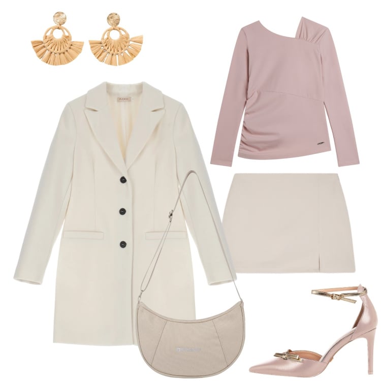 Outfit donna - Golden Rose. Stile Romantica per Tutti i giorni. Abbinamento con orecchini, minigonne, cappotti, maglieria, borse a spalla, décolleté.