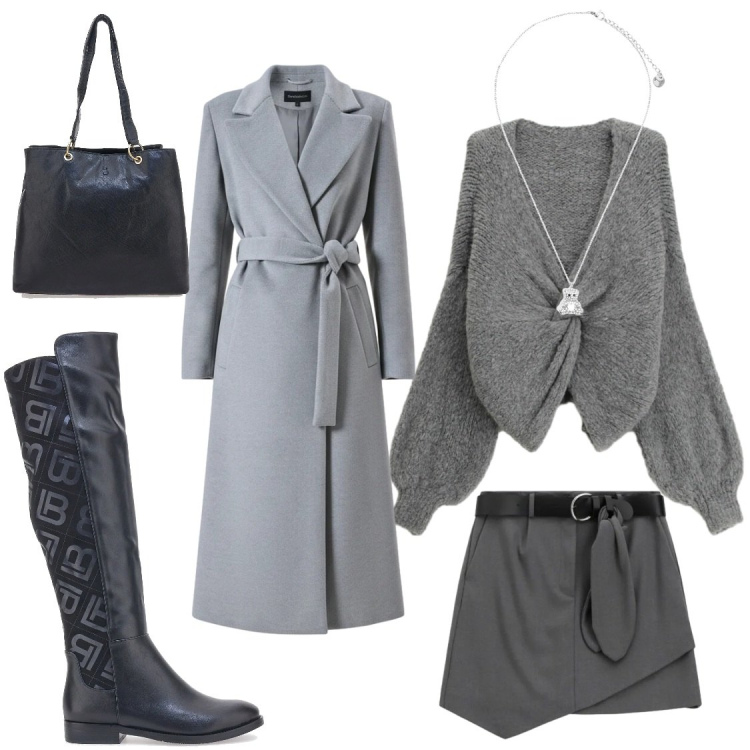 Outfit donna - Il fascino del total look. Stile Casual per Serata fuori. Abbinamento con cardigans, minigonne, ciondoli, cappotti, stivali sopra il ginocchio, shopping bag.