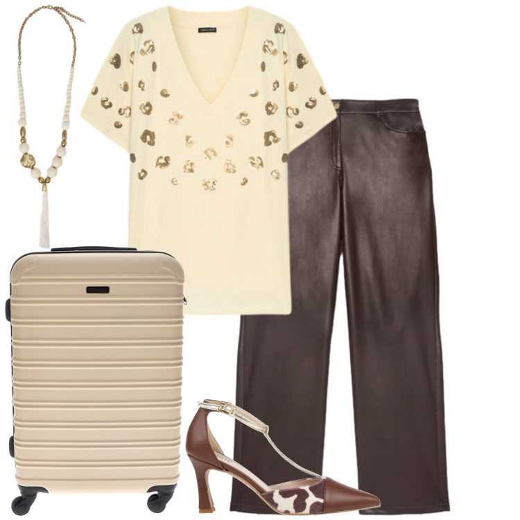 Outfit donna - Gennaio. Stile Urban per Tutti i giorni. Abbinamento con décolleté, t-shirt, pantaloni chino, valigie, ciondoli.