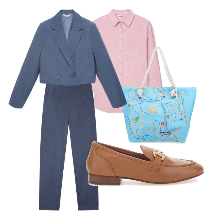 Outfit donna - Raffinata color pastello. Stile Casual chic per Tutti i giorni. Abbinamento con blazer, pantaloni chino, camicie, mocassini, shopping bag.