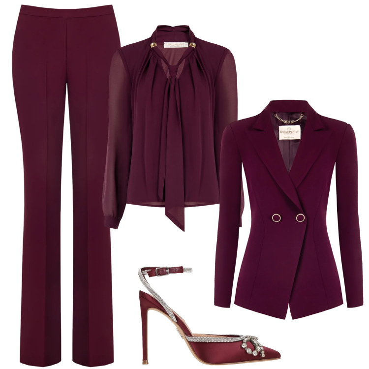 Outfit donna - Total look: borgogna. Stile Chic per Serata fuori. Abbinamento con décolleté, blazer, bluse, pantaloni.