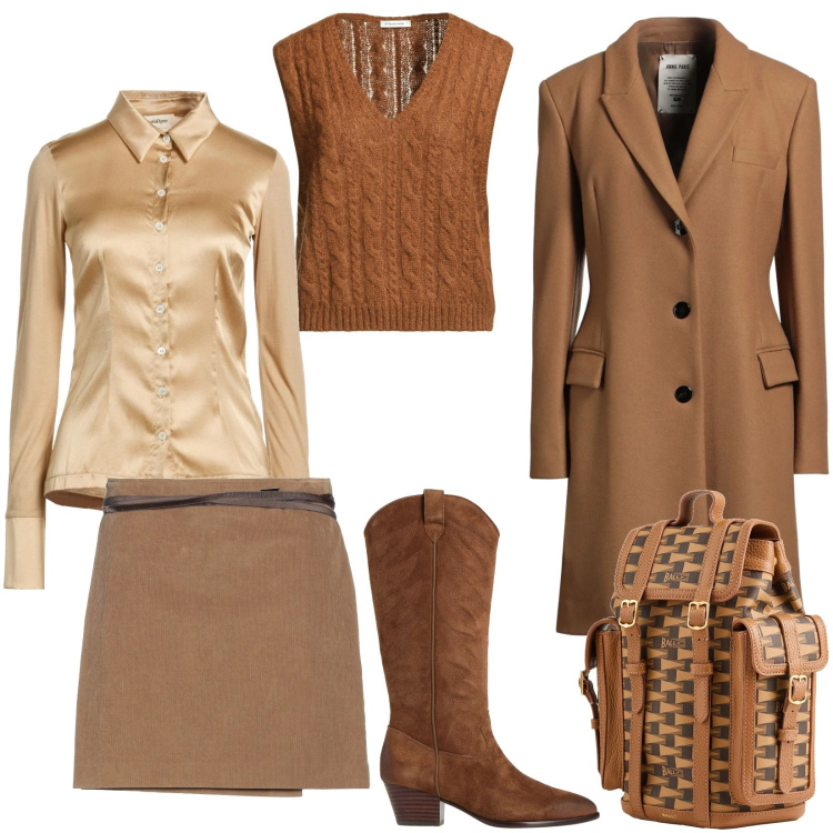 Outfit donna - Total look: marrone. Stile Casual chic per Tutti i giorni. Abbinamento con cappotti, minigonne, camicie, zaini, stivali, pullovers.