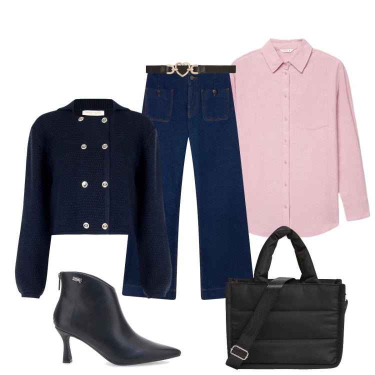 Outfit donna - Buonumore con la camicia rosa…. Stile Glamour per Tutti i giorni. Abbinamento con jeans, shopping bag, cinture, camicie, blazer, stivaletti.