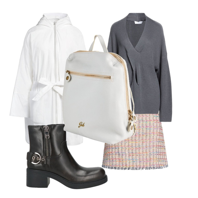 Outfit donna - Trend 2026. Stile Trendy per Ufficio. Abbinamento con zaini, pullovers, minigonne, stivaletti, parka.