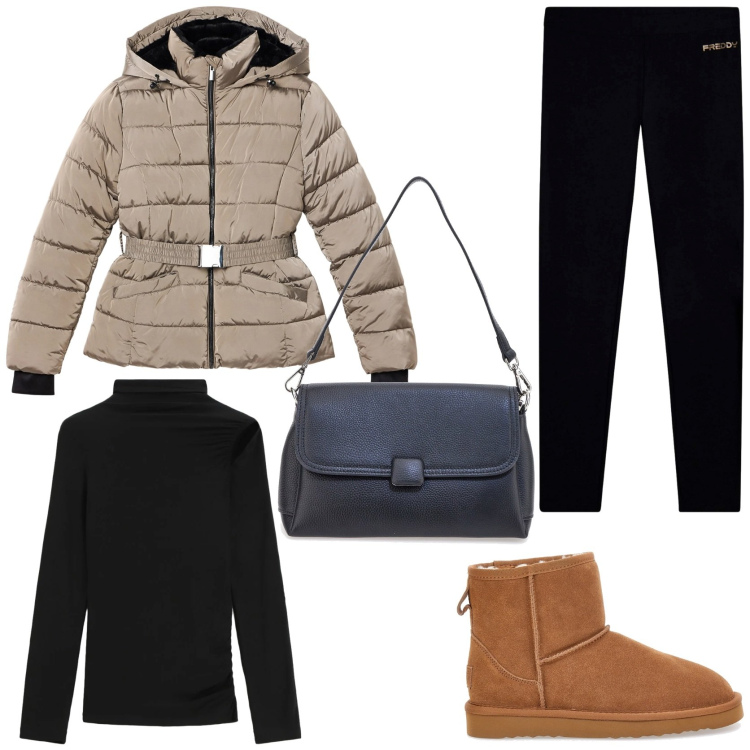 Outfit donna - Comfy e chic outfit ideas. Stile Casual chic per Tutti i giorni. Abbinamento con pullovers, piumini, leggings, stivaletti, borse a spalla.