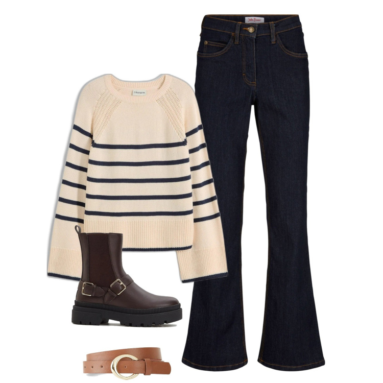 Outfit femme - Flare denim & pull rayé. Style Basique pour Tous les jours. Assortir avec jean bootcut, pulls, boots, ceintures.