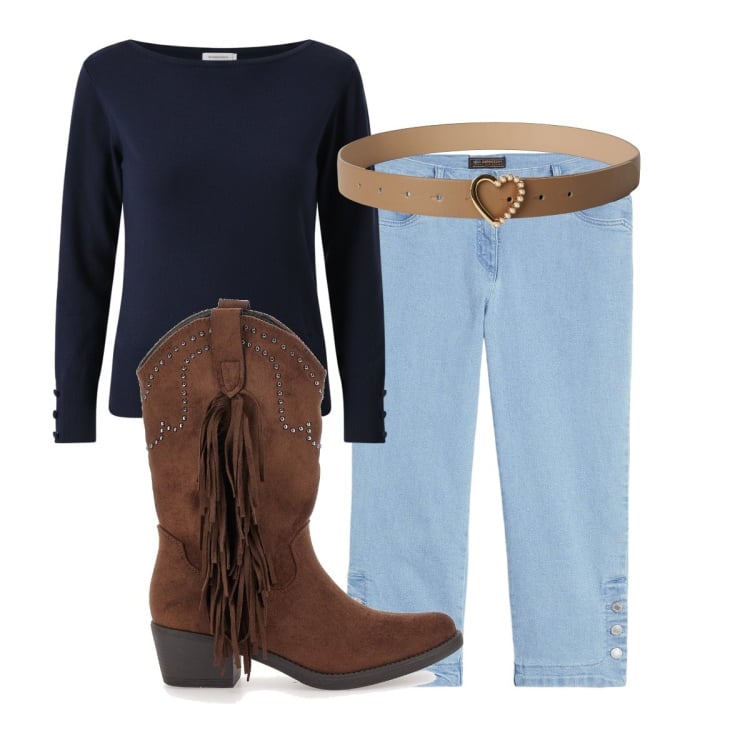 Outfit donna - La cintura a cuore. Stile Etnico per Tutti i giorni. Abbinamento con jeans, cinture, pullovers, stivaletti texani.