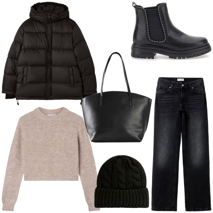 Outfit donna - Puffer jacket style. Stile Casual chic per Tutti i giorni. Abbinamento con shopping bag, berretti, jeans, bomber, maglieria, stivaletti chelsea.