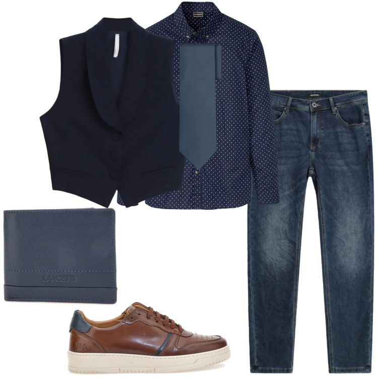 Outfit uomo - In ufficio. Stile Casual per Ufficio. Abbinamento con camicie, gilet, jeans slim fit, cravatte, sneakers, portafogli.