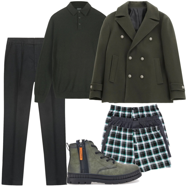 Outfit uomo - La polo a maniche lunghe green. Stile Casual per Ufficio. Abbinamento con boxer, cappotti, pantaloni, anfibi, maglieria.