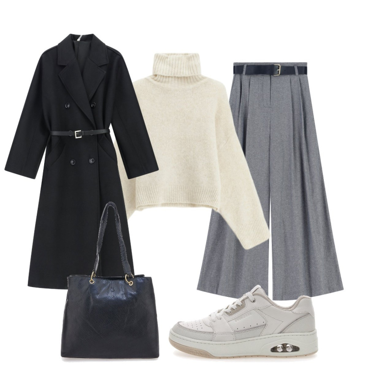 Outfit donna - Total look #2322622. Stile Bon Ton per Tutti i giorni. Abbinamento con cappotti, maglieria, pantaloni a palazzo, sneakers, shopping bag.