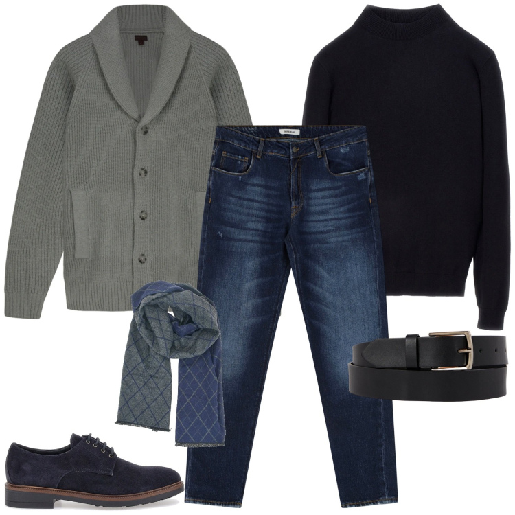 Outfit uomo - Il cardigan grigio. Stile Casual per Tutti i giorni. Abbinamento con jeans dritti, cinture, sciarpe, scarpe stringate, maglieria, cardigans.