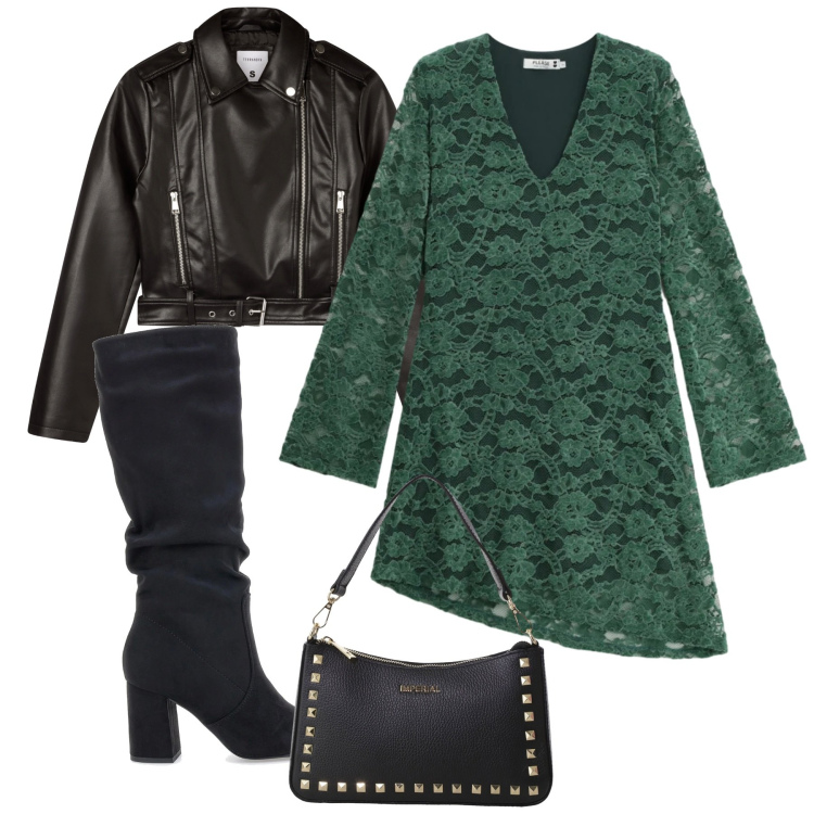 Outfit donna - Rock smeraldo. Stile Trendy per Serata fuori. Abbinamento con giacche, vestiti corti, pochette, stivali sopra il ginocchio.