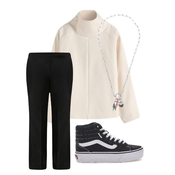 Outfit donna - Collana rock. Stile Rock per Ufficio. Abbinamento con maglieria, ciondoli, pantaloni, sneakers alte.
