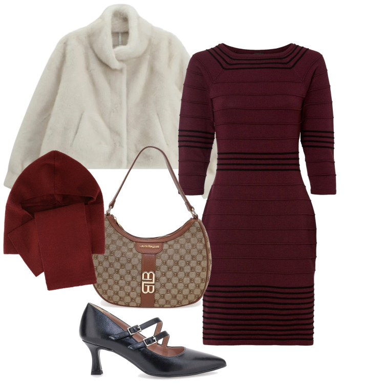 Outfit donna - Silhouette. Stile Chic per Ufficio. Abbinamento con vestiti corti, sciarpe, ecopellicce, décolleté, borse a spalla.