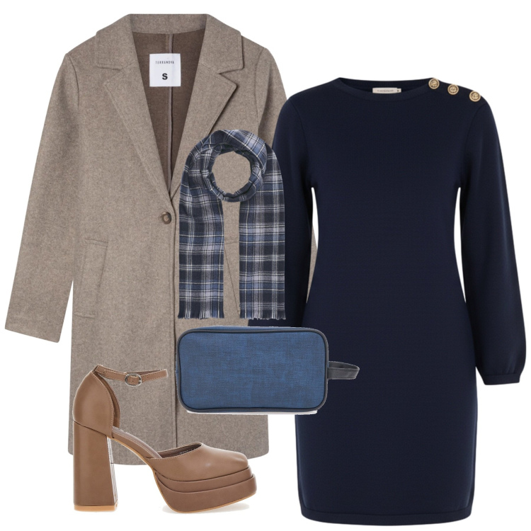 Outfit donna - Tubino e gran plateau. Stile Chic per Ufficio. Abbinamento con cappotti, sciarpe, vestiti a tubino, décolleté, valigie.