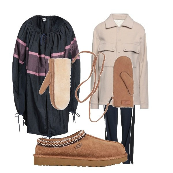 Outfit donna - Ugg. Stile Sporty chic per Tutti i giorni. Abbinamento con stivaletti, camicie, cappe, guanti, pantaloni.