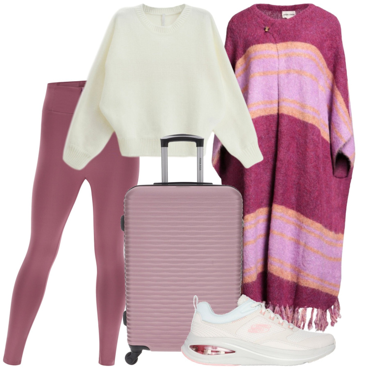 Outfit donna - Viaggio leggera. Stile Sporty chic per Tutti i giorni. Abbinamento con cappe, maglieria, pantaloni skinny, sneakers, valigie.