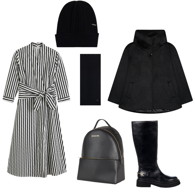 Outfit donna - Passeggiata domenicale. Stile Casual chic per Tutti i giorni. Abbinamento con caban, sciarpe, berretti, stivali sopra il ginocchio, zaini, vestiti midi/longuette.