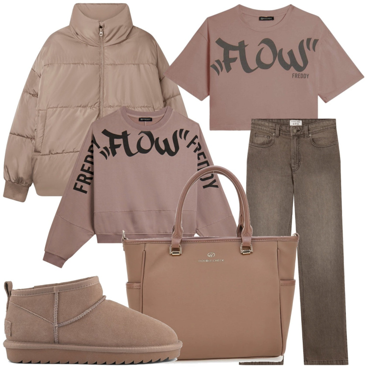 Outfit donna - La giornata fuori casa. Stile Casual per Tutti i giorni. Abbinamento con jeans bootcut, bomber, t-shirt, felpe, borse a tracolla, stivali.