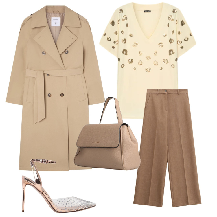 Outfit donna - Golden Hour Chic. Stile Romantica per Tutti i giorni. Abbinamento con décolleté, zaini, trench, pantaloni, t-shirt.