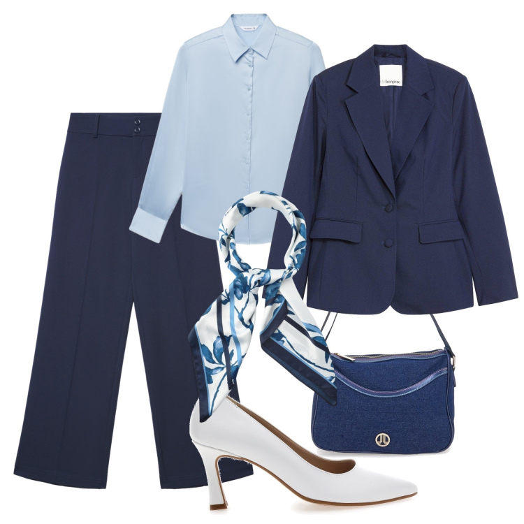Outfit donna - Minimal glam. Stile Glamour per Ufficio. Abbinamento con blazer, camicie, pantaloni, foulard, borse a tracolla, décolleté.