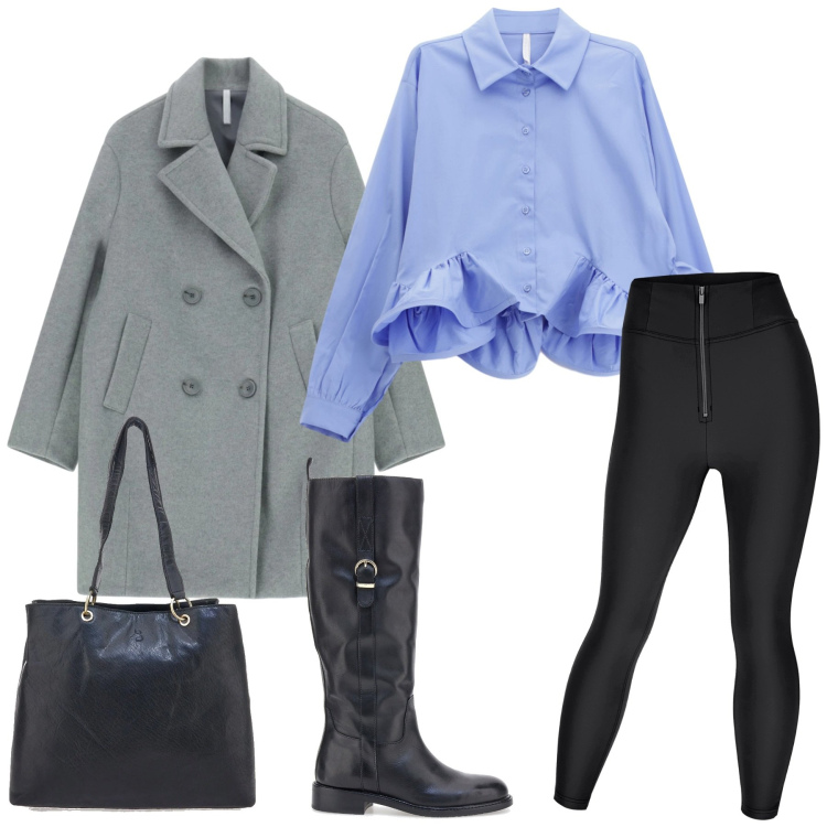Outfit donna - Total look #2322654. Stile Minimal per Tutti i giorni. Abbinamento con cappotti, camicie, pantaloni skinny, shopping bag, stivali.