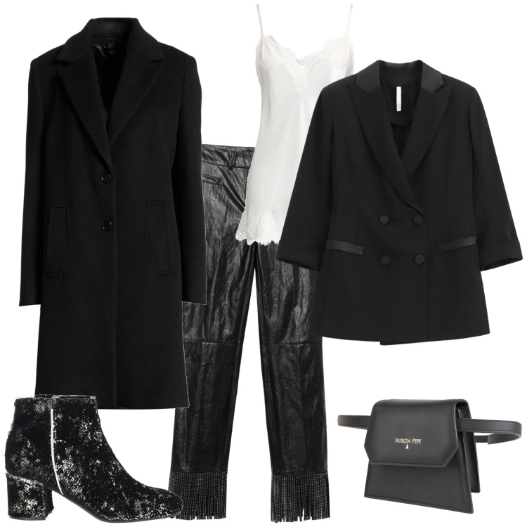 Outfit donna - Rock chic serata evento. Stile Chic per Serata fuori. Abbinamento con pantaloni, cappotti, stivaletti, marsupi, top, blazer.