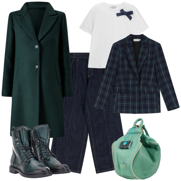 Outfit donna - Trendy in ufficio. Stile Trendy per Ufficio. Abbinamento con zaini, t-shirt, blazer, jeans, cappotti, anfibi.