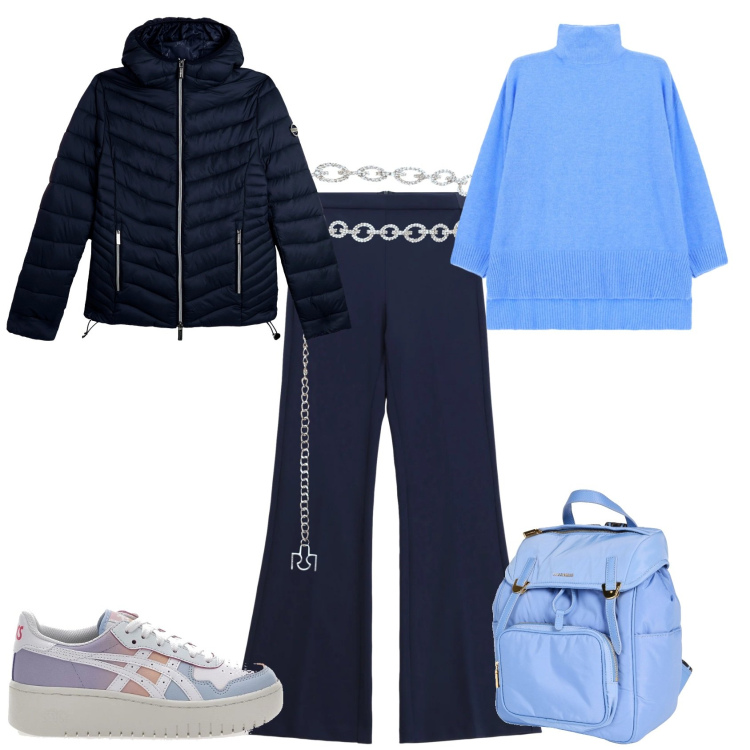 Outfit donna - Sporty chic ogni giorno. Stile Sporty chic per Tutti i giorni. Abbinamento con zaini, cinture, pantaloni, maglieria, piumini, sneakers.