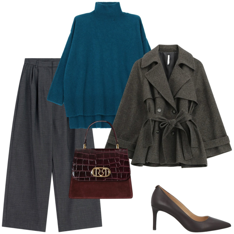 Outfit donna - Maglione dal taglio ampio e rilassato. Stile Casual chic per Tutti i giorni. Abbinamento con décolleté, pantaloni a palazzo, caban, maglieria, borse a mano.
