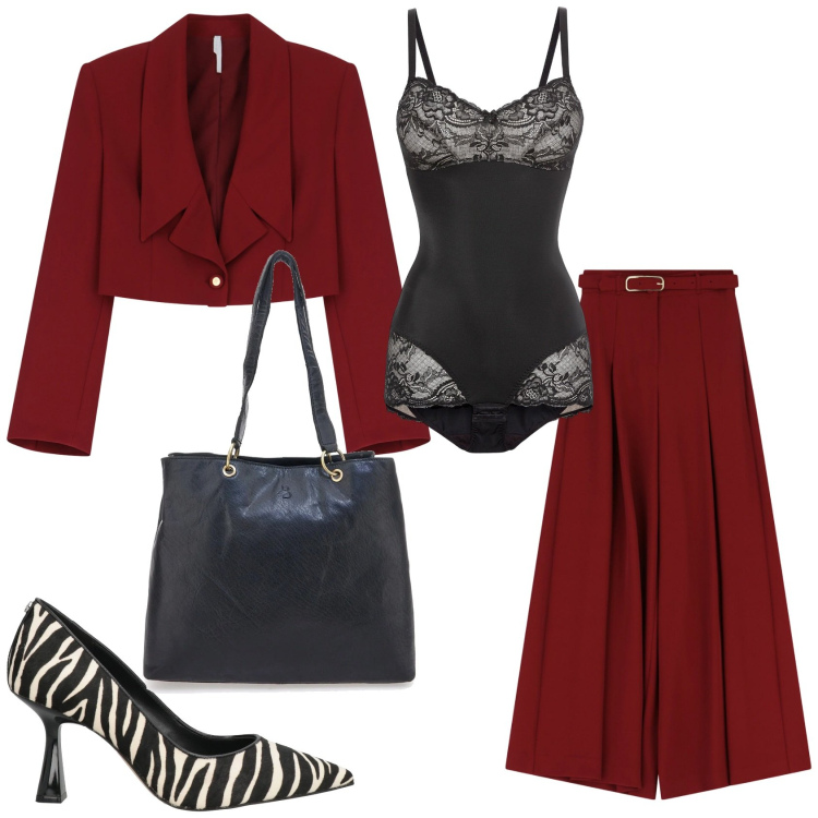 Outfit donna - Total look #2322682. Stile Chic per Serata fuori. Abbinamento con body, décolleté, pantaloni, blazer, shopping bag.