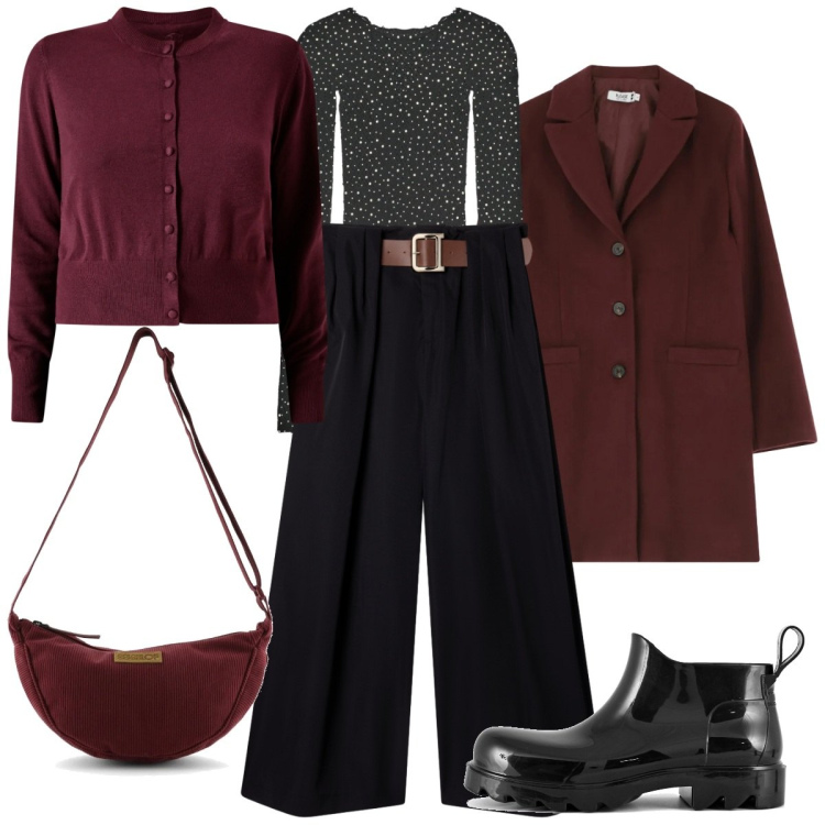 Outfit donna - Layering per l\'ufficio. Stile Trendy per Tutti i giorni. Abbinamento con body, pantaloni, cappotti, cardigans, stivali, borse a tracolla.
