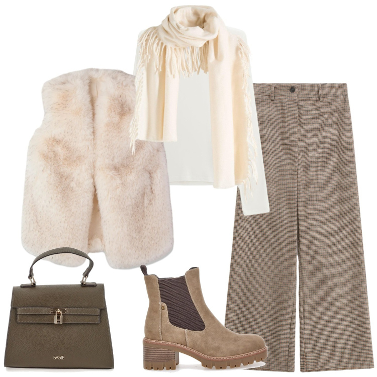 Outfit donna - Gennaio in comodità. Stile Casual per Ufficio. Abbinamento con sciarpe, maglieria, piumini, pantaloni a palazzo, stivaletti chelsea, borse a mano.