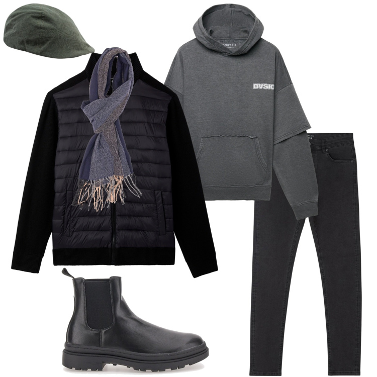 Outfit uomo - Giornata piovosa. Stile Urban per Ufficio. Abbinamento con jeans skinny, felpe con cappuccio, piumini, sciarpe, cappelli con visiera, stivali e stivaletti.