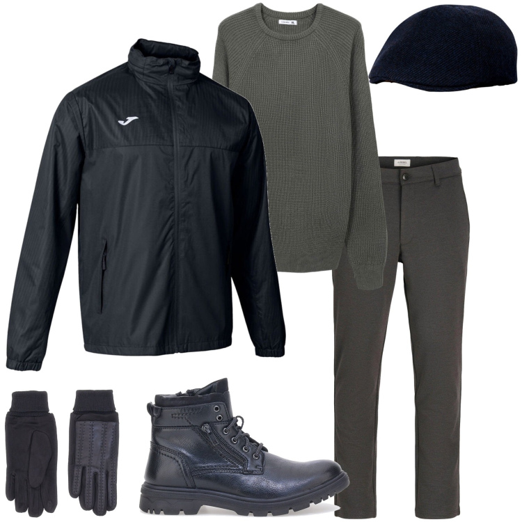 Outfit uomo - Giornata piovosa. Stile Urban per Tutti i giorni. Abbinamento con pantaloni chino, maglieria, guanti, giacche, stivali e stivaletti, cappelli con visiera.