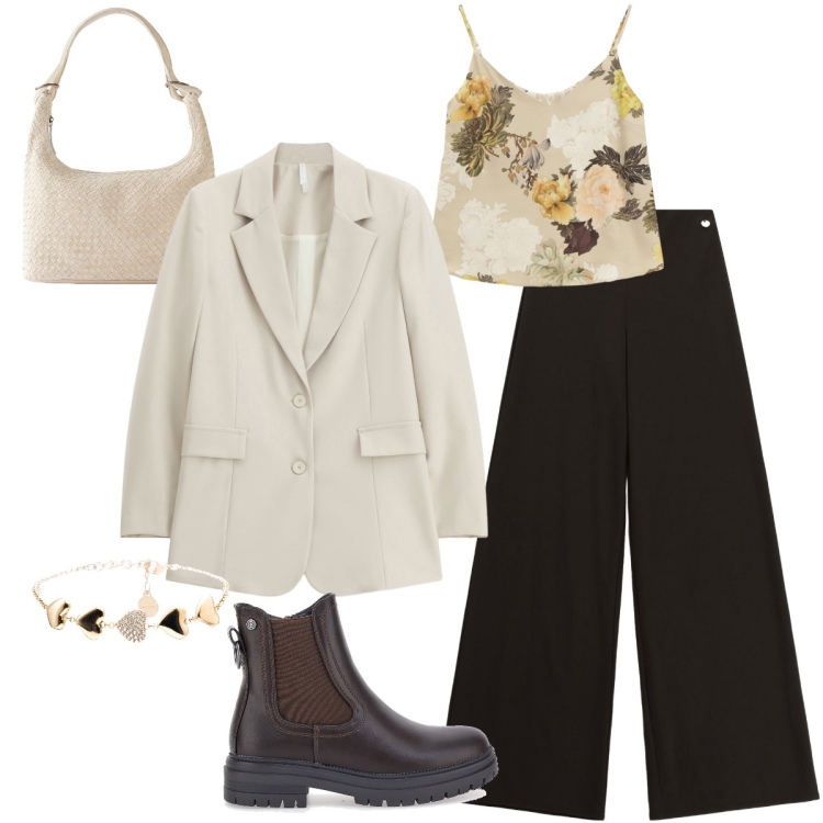 Outfit donna - Country chic. Stile Casual chic per Ufficio. Abbinamento con shopping bag, pantaloni a palazzo, top, blazer, braccialetti, stivaletti chelsea.